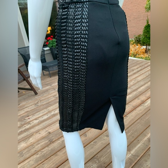 Euroka black pencil dress gold metal hook & eye front braided leather accent US4 - Picture 7 of 16